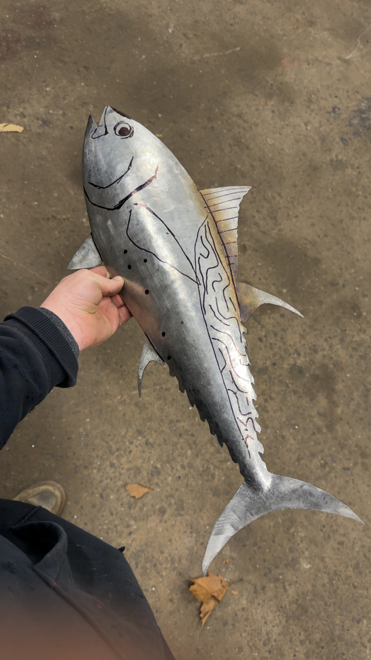 Hand-engraved aluminum tuna sculpture