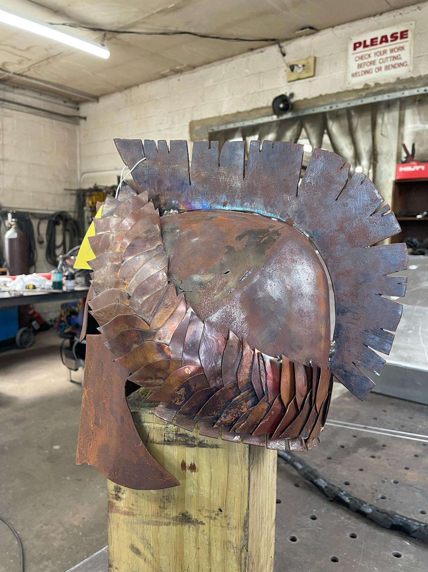 Profile view of a weathered corten steel helmet