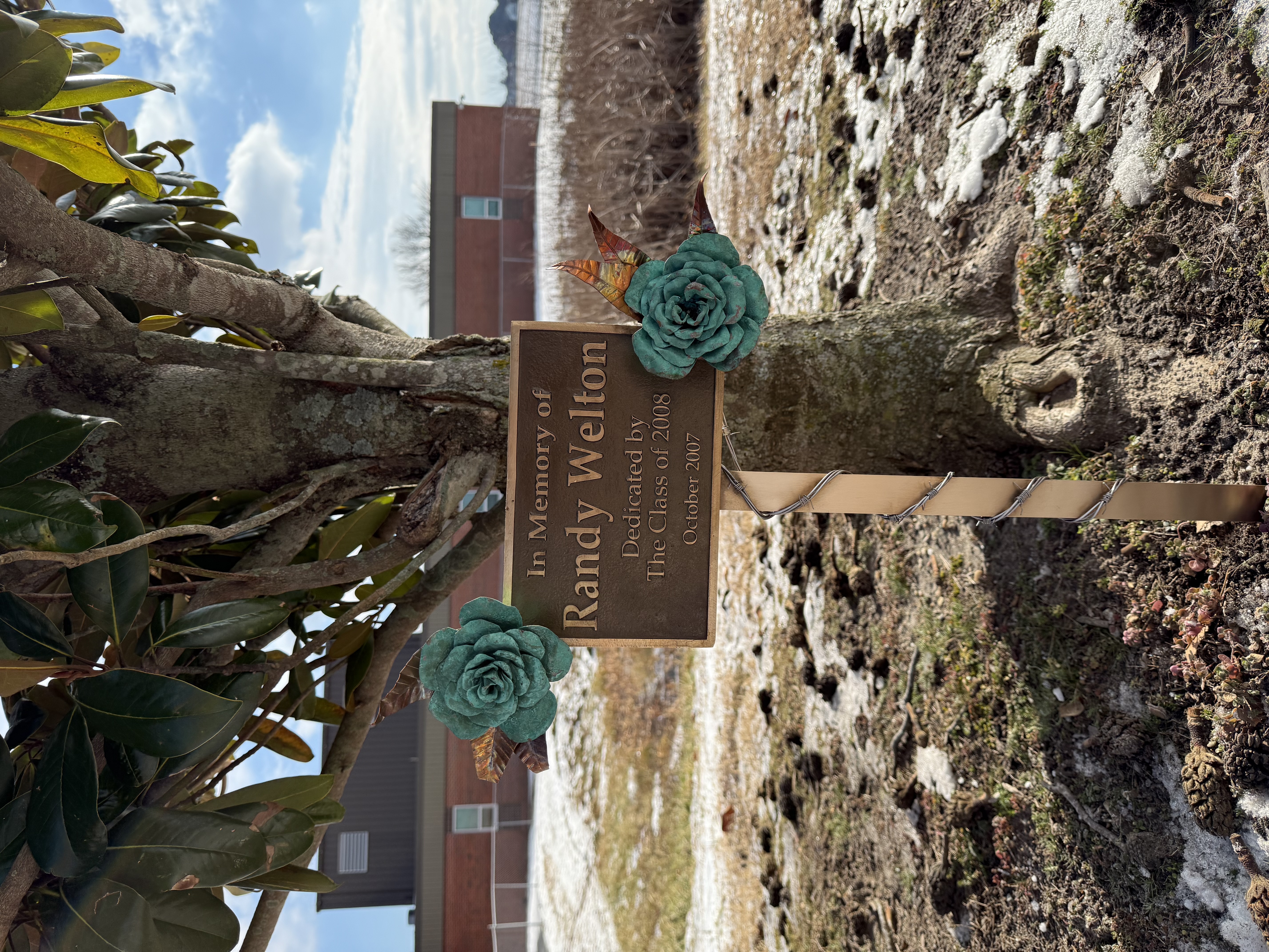 Patina copper roses at a memorial marker