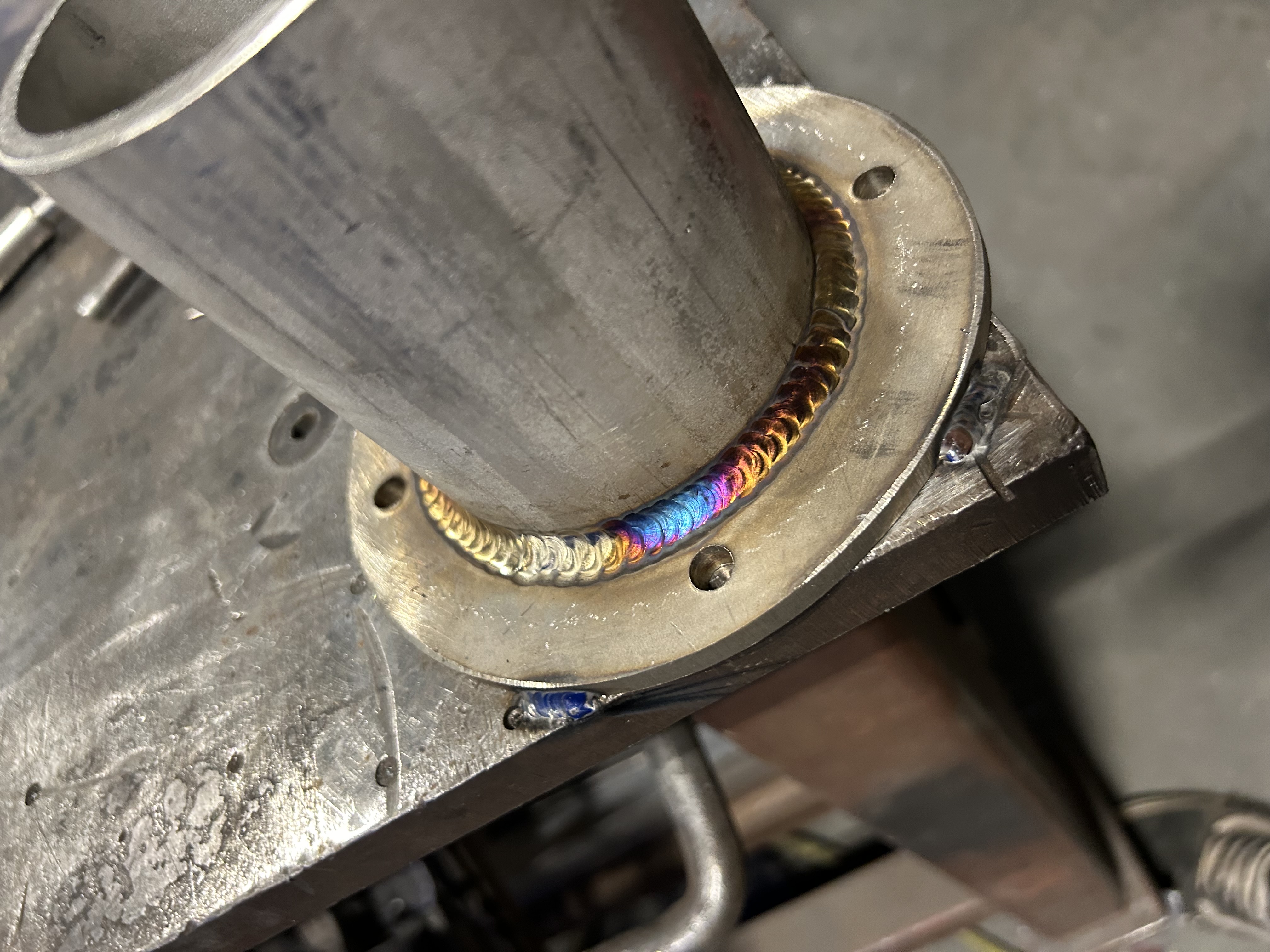 Finished weld bead on a steel flange