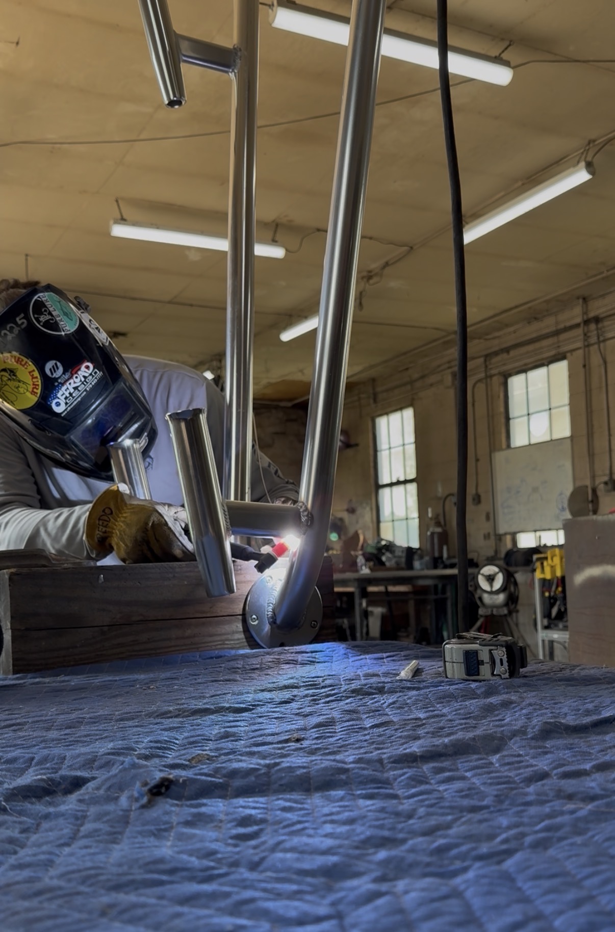 Metal workshop photographed at blue hour